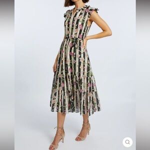 NWT Caballero Claudia Stripe Vine Floral black and cream Striped Midi Dress